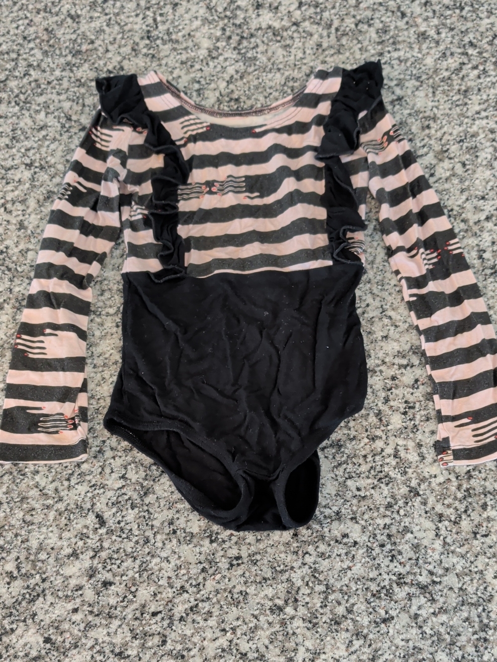 Girls Long-Sleeve Pink and Black Striped Ruffle One-Piece Bodysuit